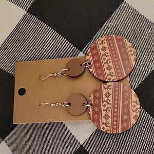 Handmade 3in dangle wooden circle Christmas, winter, red & Cream double sided